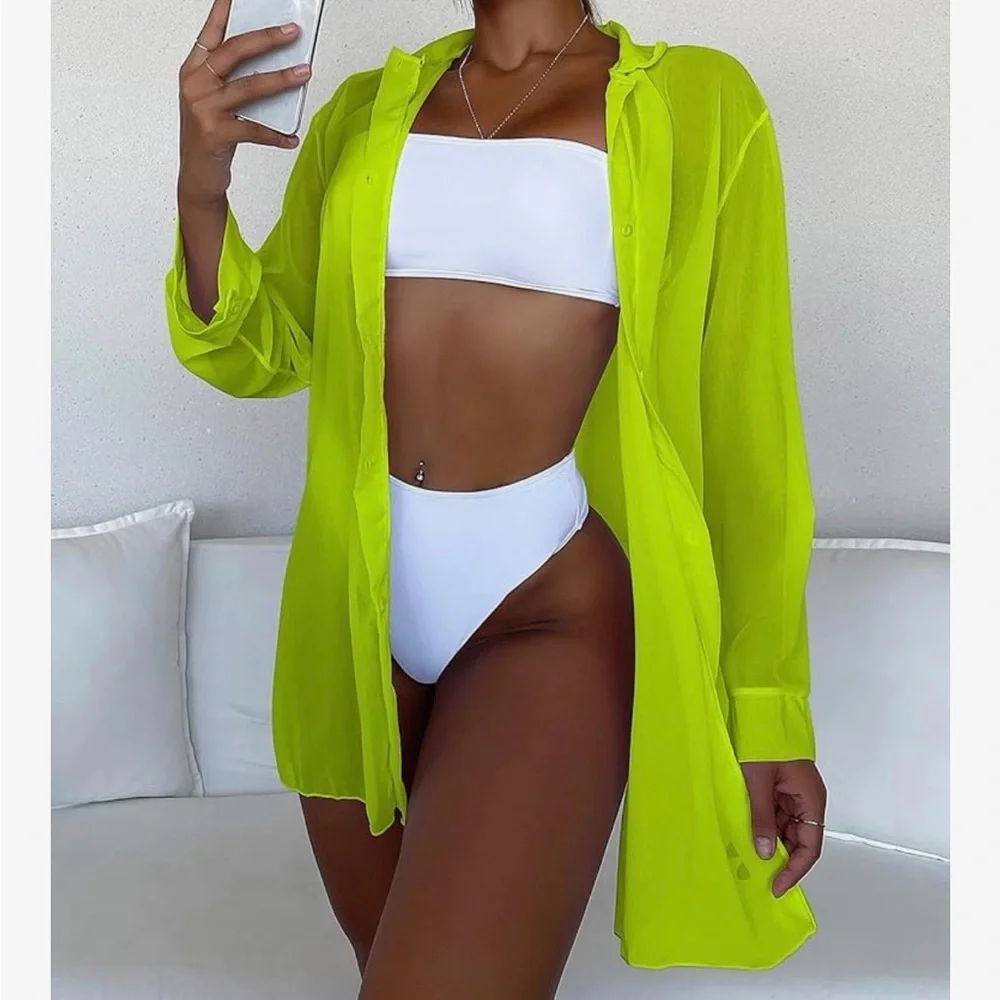 Summer Beach Long Sleeve Button Up Swimsuit Cover Up Lime Green X-Small